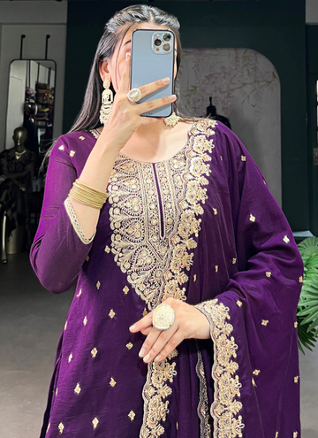 Thread Embroidered Purple Vichitra Silk Punjabi Kurta Pant For Women